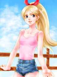  blonde_hair blue_eyes blue_shorts bow collarbone commentary_request cutoffs denim denim_shorts female fence hairbow kamikita_keiko muteki_choujin_zambot_3 ponytail shima108 shorts solo tank_top 