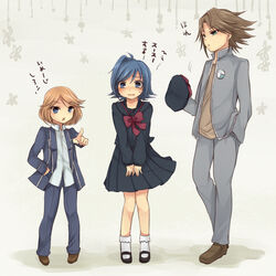  2boys androgynous blue_eyes blush brown_hair cardfight!!_vanguard crossdressing crossdressing frown green_eyes hand_in_pocket hand_on_hip hat hips hoshihuri kai_toshiki lolicon multiple_boys open_mouth pointing reverse_trap school_uniform sendou_aichi sendou_emi serafuku short_hair siblings tomboy trap 