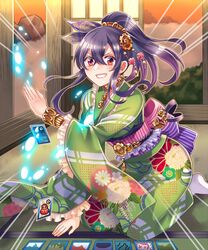  black_hair card commentary_request female hair_ornament iroha_karuta japanese_clothes jewelry karuta_(card_game) kimono kneeling long_hair looking_at_viewer official_art ponytail red_eyes senjou_no_electro_girl shina_shina smile solo 