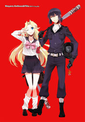  1boy alternate_costume bag baseball_bat belt black_hair blonde_hair blue_eyes bow cellphone character_name chinese_commentary collar commentary_request dated female filia_ul_copt full_body gloves grin helmet kneehighs long_hair lyxu one_eye_closed pants parted_bangs phone photoshop_(medium) pink_bow pointy_ears purple_eyes red_background ribbon school_bag school_uniform shoes simple_background skirt slayers slayers_try smile socks unusually_open_eyes xelloss 