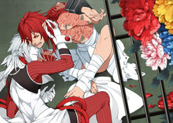  2boys alternate_hair_color bad_end bandages claws colored_sclera commentary_request dramatical_murder flower fyfyluker hand_in_another&#039;s_hair koujaku monster_boy multiple_boys photoshop_(medium) red_hair red_sclera seragaki_aoba spoilers stocks tattoo white_hair 