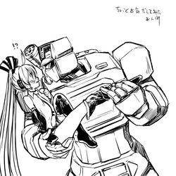  1other ass ass_grab boots commentary_request couple crossover decepticon detached_sleeves female greyscale hatsune_miku long_hair mecha mecha_on_girl monochrome necktie rkp robot science_fiction size_difference soundwave_(transformers) surprised thigh_boots thighhighs transformers transformers:_generation_1 twintails undressing very_long_hair vocaloid 