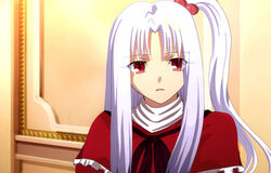  anime_coloring commentary_request fate/zero fate_(series) female hair_bobbles hair_ornament irisviel_von_einzbern long_hair one_side_up parody parted_bangs parted_lips photoshop_(medium) red_eyes shinki_(touhou) solo style_parody touhou touhou_(pc-98) turtleneck white_hair woofey 