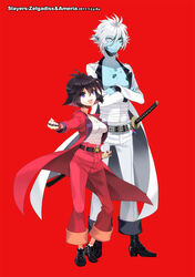  1boy :d ahoge amelia_wil_tesla_seyruun banchou belt black_hair blue_skin character_name chinese_commentary clenched_hands coat colored_skin commentary_request crossed_arms dated delinquent female full_body happy lyxu open_mouth pants photoshop_(medium) pointy_ears purple_eyes red_background sarashi shoes short_hair simple_background slayers smile star_(symbol) sword weapon white_hair zelgadiss_graywords 