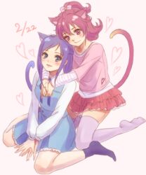  2girls aida_mana animal_ears bad_id bad_pixiv_id blue_eyes blue_hair blush bow braid cat_ears cat_tail couple dated dokidoki!_precure flipped_hair hairbow half_updo heart hishikawa_rikka hug hug_from_behind kneeling long_hair lotter75 multiple_girls pink_bow pink_eyes pink_hair pink_shirt precure shirt short_hair sitting smile socks tail thighhighs v_arms wariza yuri 