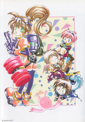  2boys 2girls ashton_anchors azuma_mayumi black_shirt blue_legwear brown_hair chibi chisato_madison closed_eyes dragon earrings gloves green_eyes hairband high_ponytail jewelry long_hair multicolored_background multiple_boys multiple_girls no_nose noel_chandler official_art pants pantyhose pantyhose_under_shorts pink_hair pointy_ears ponytail precis_neumann rabbit red_footwear red_hair red_shorts scan shirt shoes short_hair shorts simple_background smile standing star_ocean star_ocean_the_second_story v 