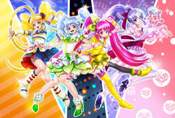  4girls aino_megumi alternate_form asymmetrical_legwear back_bow bare_legs blonde_hair blue_eyes blue_hair boots bow bow-shaped_hair brooch coga commentary_request cure_fortune cure_fortune_(anmitsu_komachi) cure_honey cure_honey_(popcorn_cheer) cure_lovely cure_lovely_(lollipop_hip_hop) cure_princess cure_princess_(macadamia_hula_dance) detached_sleeves earrings fingerless_gloves flower flower_earrings fortune_tambourine full_body gloves hair_flower hair_ornament hairbow happinesscharge_precure! heart heart_brooch heart_earrings high_ponytail hikawa_iona jewelry knee_boots long_hair magical_girl mismatched_legwear multicolored_background multicolored_clothes multicolored_skirt multiple_girls oomori_yuuko photoshop_(medium) pink_eyes pink_hair ponytail precure purple_eyes purple_hair shirayuki_hime shoes skirt smile star_(symbol) star_earrings thighhighs twintails v wide_ponytail wrist_cuffs yellow_eyes 