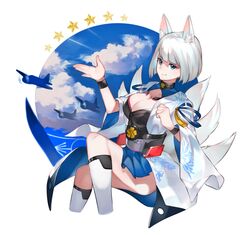  aircraft airplane animal_ears azur_lane bad_leg blue_eyes blue_sky breasts cleavage commentary_request female fox_ears fox_tail highres kaga_(azur_lane) kneehighs large_breasts short_hair sitting sky smile socks solo tail white_hair white_socks wristband yoshihiro_(yoshihiro12190) 