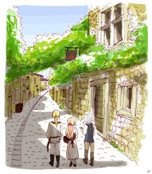  2boys basket blonde_hair boots boy cain_highwind cecil_harvey children dress female female final_fantasy final_fantasy_iv girl house lolicon long_hair male multiple_boys pants pink_ribbon ponytail rain_(pixiv2385614) ribbon road rosa_farrell shirt short_hair silver_hair street 