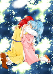  1boy absurdres blue_hair botan_(yu_yu_hakusho) botan_(yuu_yuu_hakusho) closed_eyes couple crying female female footwear highres hug japanese_clothes kimono kottonn12 kurama long_hair male ponytail red_hair sandals socks tears white_legwear white_socks yu_yu_hakusho yuu_yuu_hakusho 