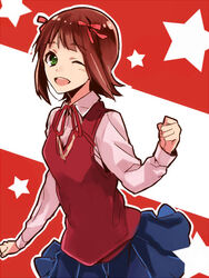  amami_haruka brown_hair commentary_request female green_eyes idolmaster idolmaster_(classic) machi_(machiruda) one_eye_closed ribbon short_hair smile solo 