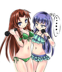  ... 2girls bad_id bad_nicoseiga_id blue_eyes blue_hair braid breast_envy cookie_(touhou) hong_meiling koro_(cookie) long_hair mars_(cookie) microphone multiple_girls navel patchouli_knowledge red_hair standing swimsuit taisa_(cookie) touhou very_long_hair 