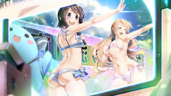  2girls :d ^_^ arched_back ass bare_shoulders bikini blonde_hair breasts brown_hair bursting_breasts butt_crack cleavage closed_eyes commentary_request contrapposto front-tie_top futsuu_no_joshikousei_ga_locodol_yattemita glasses highres huge_breasts kohinata_yukari long_hair microphone multiple_girls navel nishifukai_saori nomal open_mouth purple_eyes reflection semi-rimless_eyewear short_hair side-tie_bikini_bottom simple_background smile stage standing sweat swimsuit under-rim_eyewear underboob uogokoro-kun usami_nanako white_background wireless 