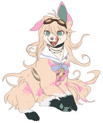  aberu514 ahoge animal animalization barbed_wire blonde_hair blue_eyes canine choker danganronpa female goggles goggles_on_head iruma_miu long_hair new_danganronpa_v3 serafuku solo tongue tongue_out 