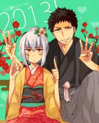  1boy 2013 ao_no_exorcist black_hair blush_stickers chino69 commentary_request couple english_text engrish_text female grey_hair grin heart houjou_mamushi japanese_clothes kimono long_hair new_year ranguage shima_juuzou short_hair smile straight tattoo yellow_eyes yukata 