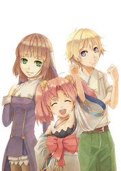  1boy 2girls arm_up clain_(fractale) clenched_hand closed_eyes commentary_request fractale hiiragi_shou multiple_girls nessa_(fractale) open_mouth parted_hair phryne_(fractale) raised_fist smile 