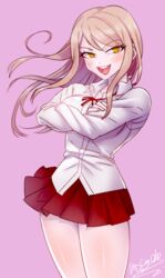  blonde_hair blush breasts danganronpa danganronpa_3 female gebo happy kuzuryuu_natsumi long_hair matching_hair/eyes open_mouth school_uniform shirt skirt solo uniform white_shirt yellow_eyes 