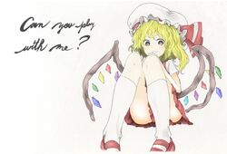  blonde_hair brown_eyes commentary_request english_text female flandre_scarlet hat hat_ribbon kneehighs long_hair looking_at_viewer morodashi ribbon skirt socks solo touhou white_socks wings 