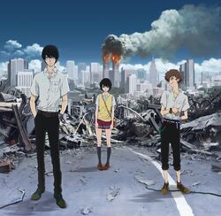  2boys 9/11 bag belt black_hair building cityscape cloud collared_shirt day destruction empire_state_building explosion expressionless female fire full_body glasses handbag hands_in_pockets highres kneehighs loafers looking_at_viewer miniskirt mishima_lisa multiple_boys nakazawa_kazuto new_york_city nine_(zankyou_no_terror) official_art outdoors pocket rubble ruins school_uniform shirt shoes short_hair skirt sky skyscraper smoke socks standing sweater_vest terrorism terrorist twelve_(zankyou_no_terror) watch white_shirt world_trade_center zankyou_no_terror 