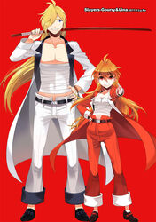  1boy ahoge banchou belt blonde_hair blue_eyes bokken character_name chinese_commentary coat commentary_request dated delinquent earrings female full_body gourry_gabriev grin hair_over_one_eye hand_on_own_hip height_difference impossible_clothes jewelry lina_inverse long_hair lyxu no_socks orange_hair pants photoshop_(medium) red_background red_eyes sarashi shoes simple_background slayers smile sword weapon wooden_sword 