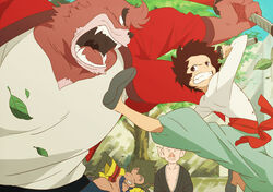  4boys animal animal_ears arm_support bakemono_no_ko battle bear_boy bear_ears belt blue_sky brown_eyes brown_fur brown_hair buttons clenched_teeth collarbone commentary_request corn_potako day duel falling_leaves fangs furry furry_male holding holding_sword holding_weapon hyakushubo_(bakemono_no_ko) jacket kumatetsu kyuuta_(bakemono_no_ko) leaf long_sleeves male_focus monkey multiple_boys open_clothes open_jacket open_mouth outdoors pants pig_head plant pointy_ears red_jacket sharp_teeth shirt shoe_soles sky sleeping sword t-shirt tatara_(bakemono_no_ko) teeth tree unsheathed weapon white_shirt 