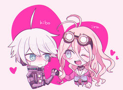  1boy ahoge android barbed_wire blonde_hair blue_eyes blush choker danganronpa duo female fingerless_gloves gloves goggles goggles_on_head heart iruma_miu keebo long_hair mecha new_danganronpa_v3 open_mouth power_frame robot sametarou school_uniform serafuku short_hair silver_hair uniform wink 