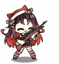  animated animated black_hair black_skirt brown_hair chibi female full_body girls&#039;_frontline gloves gun hair_ornament hat holding holding_gun holding_weapon lightning_bolt_hair_ornament lightning_bolt_symbol long_hair looking_to_the_side lowres m21 m21_(girls&#039;_frontline) m21_(xmas_at_home)_(girls&#039;_frontline) multicolored_hair official_alternate_costume official_art red_eyes red_hair rifle saru scope simple_background skirt solo striped_clothes striped_thighhighs thighhighs weapon white_background 