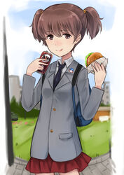  :q a&amp;w alisa_(girls_und_panzer) backpack bad_id bad_pixiv_id bag blazer blue_bag breasts brown_eyes brown_hair building burger can collared_shirt cowboy_shot dress_shirt eating emblem female food freckles girls_und_panzer grass grey_jacket hair_between_eyes hair_ornament holding holding_food jacket licking_lips long_sleeves looking_at_viewer miniskirt necktie outdoors pleated_skirt red_skirt saunders_school_uniform school_uniform shirt short_hair short_twintails skirt small_breasts solo star_(symbol) tongue tongue_out twintails umasanjin white_shirt 