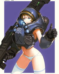  armor blue_eyes brown_hair commentary english_commentary female genderswap_(mtf) gun hong_soon-jae marine_(starcraft) navel panties rule_63 short_hair smile solo starcraft terran thighhighs thumbs_up underwear weapon white_panties white_thighhighs 