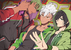  3boys :p bad_id bad_pixiv_id black_hair brown_eyes buttons closed_mouth dark-skinned_male dark_skin dutch_angle eunram green_eyes green_hair hair_over_one_eye headphones headphones_around_neck highres hood hoodie jacket jewelry king_of_prism king_of_prism_by_prettyrhythm kougami_taiga long_hair looking_at_viewer male_focus multiple_boys necklace nishina_kazuki off_shoulder open_clothes open_hoodie open_jacket outstretched_hand pretty_rhythm pretty_series purple_eyes spiked_hair sweatband sweater tank_top tongue tongue_out upper_body white_hair wristband yamato_alexander 