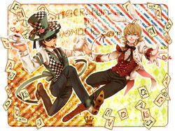  2boys ace_(playing_card) ace_of_clubs ace_of_diamonds alice_in_wonderland animal_ears barnaby_brooks_jr. black_bow black_footwear black_pants blonde_hair bow brown_eyes card checkered_clothes checkered_vest club_(shape) commentary_request cosplay cup diamond_(shape) facial_hair glasses goatee green_eyes green_vest hat holding holding_teapot jack_(playing_card) jack_of_clubs_(playing_card) jack_of_diamonds jack_of_hearts jacket kaburagi_t._kotetsu king_(playing_card) king_of_clubs king_of_hearts_(playing_card) mad_hatter_(alice_in_wonderland) mad_hatter_(alice_in_wonderland)_(cosplay) mask multiple_boys pants playing_card pocket_watch queen_(playing_card) queen_of_clubs rabbit_ears red_vest shiratama_(mofutto) shirt teacup teapot tiger_&amp;_bunny top_hat vest waistcoat watch white_jacket white_rabbit_(alice_in_wonderland) white_rabbit_(alice_in_wonderland)_(cosplay) white_shirt 