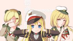  3girls admiral_scheer_(warship_girls_r) aiguillette animal_ears armband black_jacket blonde_hair closed_mouth collarbone commentary_request crop_top deutschland_(warship_girls_r) fake_animal_ears finger_to_mouth graf_spee_(warship_girls_r) grey_shirt hair_ornament hairclip hand_on_own_ear hand_over_face hat highres index_finger_raised jacket long_hair long_sleeves looking_at_viewer low_twintails military military_uniform multiple_girls open_mouth orange_eyes peaked_cap pink_background portrait sailor_collar sasya shirt short_hair smile text_focus three_monkeys torpedo translated twintails uniform warship_girls_r white_hat 