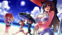  4girls ann_blyth aqua_eyes beach bikini black_bikini blush bodysuit bow breasts brown_eyes brown_hair carrying cleavage cloud commentary_request day diving_mask diving_mask_on_head diving_suit floral_print goggles goggles_on_head hairbow highres jitome kagami_ryouko kanayama_nao large_breasts long_hair multiple_girls o_o ocean open_mouth original outdoors sasashigure_miyo short_hair sky snorkel sun swimsuit twintails water wetsuit yoshida_hideyuki 