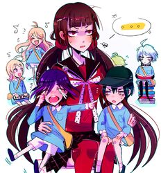  3girls 4boys ahoge akamatsu_kaede amami_rantarou android bag black_hair black_hat blonde_hair blue_eyes closed_eyes crying danganronpa eyebrows green_hair hair_ornament hairclip happy harukawa_maki hat huyandere iruma_miu keebo long_hair mecha miniskirt multiple_boys multiple_girls musical_note musical_note_hair_ornament new_danganronpa_v3 ouma_kokichi power_frame purple_eyes purple_hair red_eyes robot saihara_shuuichi serafuku short_hair shorts silver_hair singing skirt thighhighs tied_hair twintails yellow_eyes 