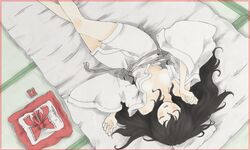  bare_legs black_hair border breasts breasts_apart closed_eyes commentary_request female from_above futon hair_down hair_ornament hair_spread_out hakurei_reimu japanese_clothes juban kimono long_hair lying medium_breasts morodashi no_bra on_back open_clothes open_kimono red_border short_kimono sleeping sleepwear solo tatami touhou unworn_hair_bow unworn_hair_ornament upside-down yukata 