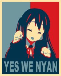  artist_request barack_obama barack_obama_hope_poster blazer closed_eyes female jacket k-on! long_hair nakano_azusa nyan parody paw_pose poster_(medium) poster_parody pun real_life real_life_insert sakuragaoka_high_school_uniform school_uniform smile solo twintails yes_we_can 