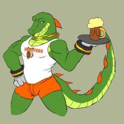  1:1 alcohol anthro beer beverage bulge chain_jewelry chain_necklace chains clothing crocodile crocodilian crocodylid daikuhiroshiama digital_drawing_(artwork) digital_media_(artwork) english_text golden_necklace hi_res himbo_hooters hooters hooters_uniform jewelry male muscular muscular_anthro muscular_male necklace reptile scalie sega shirt simple_background smaller_version_at_source solo sonic_the_hedgehog_(series) spiked_tail spikes spikes_(anatomy) tail tan_background tank_top text text_on_clothing text_on_shirt text_on_tank_top text_on_topwear topwear tray uniform vector_the_crocodile wristband 