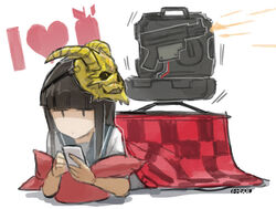  artist_name blunt_bangs brown_hair cellphone collared_shirt commentary_request ergot female gun h&amp;k_mp5k hatsuyuki_(kancolle) heart heckler_&amp;_koch i_heart... kantai_collection kotatsu long_hair lying machine_gun machinery mask mask_on_head neckerchief on_stomach payday_(series) payday_2 phone pillow school_uniform serafuku shirt simple_background skull_mask smartphone solo submachine_gun suitcase table under_kotatsu under_the_table weapon white_background |_| 