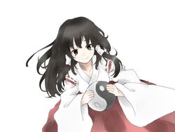  alternate_costume black_hair brown_eyes commentary_request female hair_tubes hakurei_reimu hakurei_reimu_(pc-98) japanese_clothes long_hair looking_at_viewer miko morodashi no_hair_bow smile solo touhou touhou_(pc-98) wide_sleeves yin_yang 