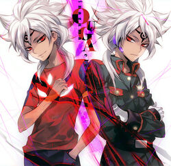  2boys baddap_sleed ciel1533 commentary_request crossed_arms dual_persona facial_mark forehead_mark inazuma_eleven inazuma_eleven_(series) male_focus military military_uniform multiple_boys photoshop_(medium) red_eyes soccer_uniform spiked_hair sportswear uniform white_hair 