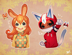  1boy animal_crossing blue_eyes blue_hair blush bunnie_(animal_crossing) clenched_hands commentary_request dress feline female furry helmet humanization jacket kid_cat_(animal_crossing) m/g open_mouth orange_hair rabbit rabbit_girl smile track_jacket turtleneck turtleneck_dress 