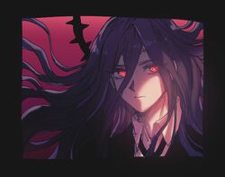  1boy black_border black_jacket border closed_mouth collared_shirt danganronpa_(series) danganronpa_2:_goodbye_despair floating_hair formal glowing glowing_eyes gradient_background gwanlamcha hair_between_eyes jacket kamukura_izuru long_hair looking_at_viewer male_focus necktie pink_background portrait red_eyes shirt solo white_shirt wing_collar 