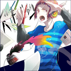  1boy arms_up bad_id bad_pixiv_id bakuman blue_background blue_shirt colored_pencil colorful digital_media_player fingernails floating gradient headphones hinatsu holding holding_pen ink long_sleeves looking_away male_focus nib_pen_(object) niizuma_eiji open_mouth pages pen pencil red_eyes red_hair ruler shaded_face shirt simple_background striped_clothes striped_shirt teeth tongue tongue_out two-tone_background upper_body upper_teeth_only v-shaped_eyebrows white_background 