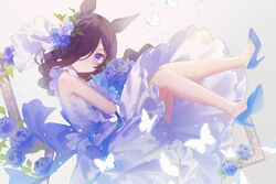  absurdres animal_ears bare_shoulders blue_flower blue_footwear bouquet bride brown_hair commentary_request dress female flower full_body hair_flower hair_ornament high_heels highres holding holding_bouquet horse_ears horse_girl littleamber long_hair looking_at_viewer rice_shower_(longed-for_scenery)_(umamusume) rice_shower_(umamusume) sleeveless sleeveless_dress solo umamusume white_dress white_flower 