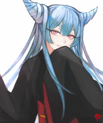  absurdres artist_name ayashimon black_kimono blue_hair eyelashes female highres horns japanese_clothes kimono long_hair long_sleeves moedredd pink_eyes simple_background sleeves_past_wrists solo upper_body urara_(ayashimon) white_background 