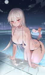  2girls absurdres bare_arms bare_shoulders bent_over bikini black_bikini breasts brown_hair choyeon cleavage collarbone commission dungeon_and_fighter ellin_meiji expressionless full_moon hair_between_eyes halterneck highres large_breasts lethe_rin long_hair looking_at_viewer micro_bikini moon multiple_girls night night_sky original parted_lips ponytail pool poolside red_eyes side-tie_bikini_bottom sidelocks sky solo_focus star_(sky) starry_sky string_bikini swimsuit thighs very_long_hair water wet white_hair 