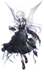  absurdres ahoge angel angel_wings arm_cutout arm_strap bandaid bandaid_on_arm bandaid_on_hand between_fingers bible_(object) black_dress black_nails blood blood_on_weapon blue_eyes book boots cigarette collared_shirt commentary dress feathered_wings female full_body hair_between_eyes halo highres holding holding_book holding_cigarette holstered long_hair long_sleeves morichika_shuuto open_book original shirt simple_background smoke_trail solo sword weapon white_background white_hair wings 