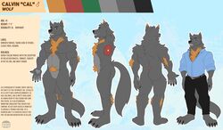  anthro biped bottomwear calvin_anderson_(character) canid canine canis claws clothing color_swatch diddydoo english_text fur grey_body grey_fur male mammal mature_male model_sheet orange_body orange_fur pants solo suit text wolf 