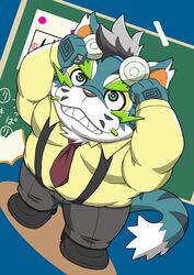  2021 anthro blue_body blue_fur felid fur hi_res humanoid_hands japanese_text kemono male mammal overweight overweight_anthro overweight_male pantherine prototendon raiden_shin&#039;emon sengoku_puzzle solo text tiger white_body white_fur 