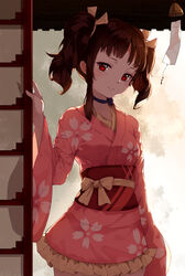  backlighting blue_choker blue_ribbon breasts brown_hair choker closed_mouth commentary cowboy_shot female floral_print frilled_kimono frills hair_ribbon head_tilt highres japanese_clothes kimono koutetsujou_no_kabaneri long_sleeves looking_at_viewer mumei_(kabaneri) obi pink_kimono print_kimono red_eyes ribbon ribbon_choker sash short_kimono sidelocks signature small_breasts snozaki solo twintails wide_sleeves wind_chime yellow_ribbon 